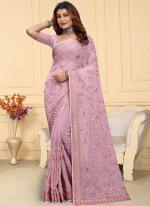 Georgette Dusty Pink Traditional Wear Embroidery Work Saree